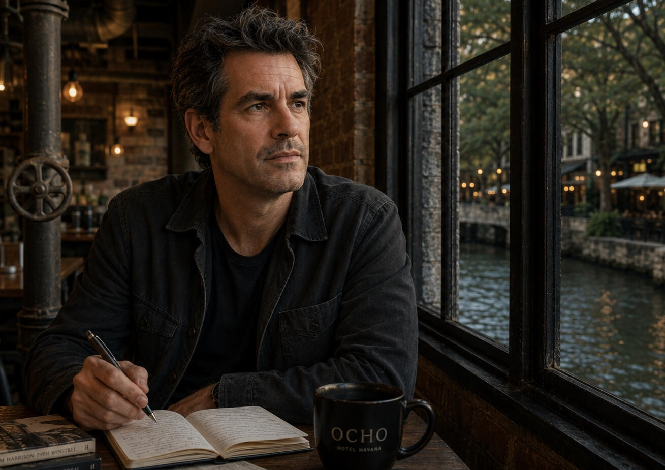 Ethan Sloan. He writes mysteries. Until one begins writing itself around him. Ethan Sloan at coffee shop