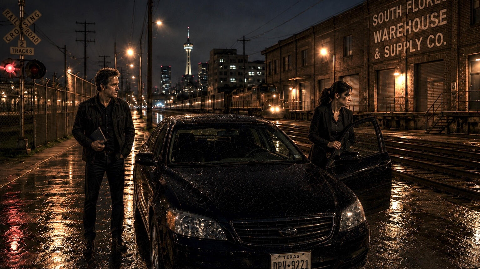 Ethan Sloan and Detective Mara Reyes in Warehouse District Ethan Sloan and Detective Mara Reyes in Warehouse District